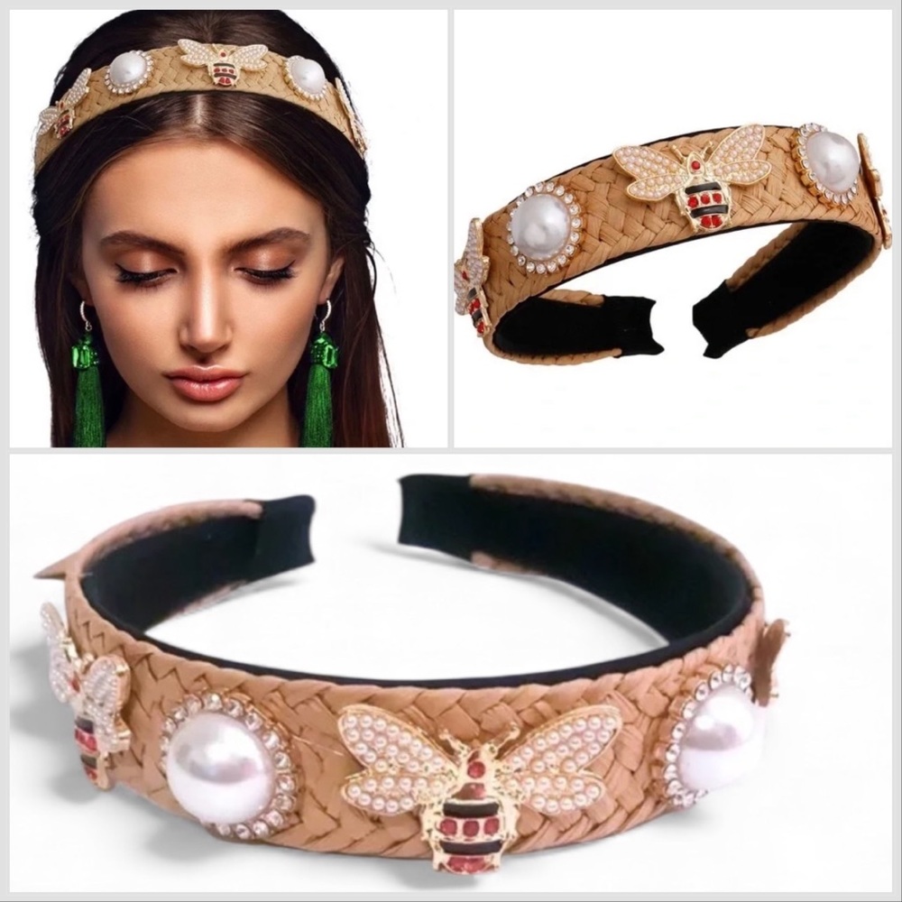 🔥🆕 Tan Rhinestone Headband Gold, Pearl and Bee Accents